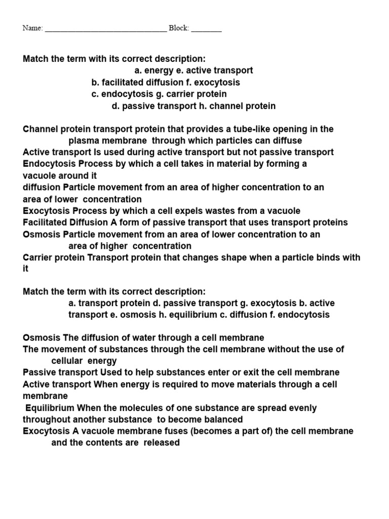 Octavia Butler - Cell Transport Classwork | PDF