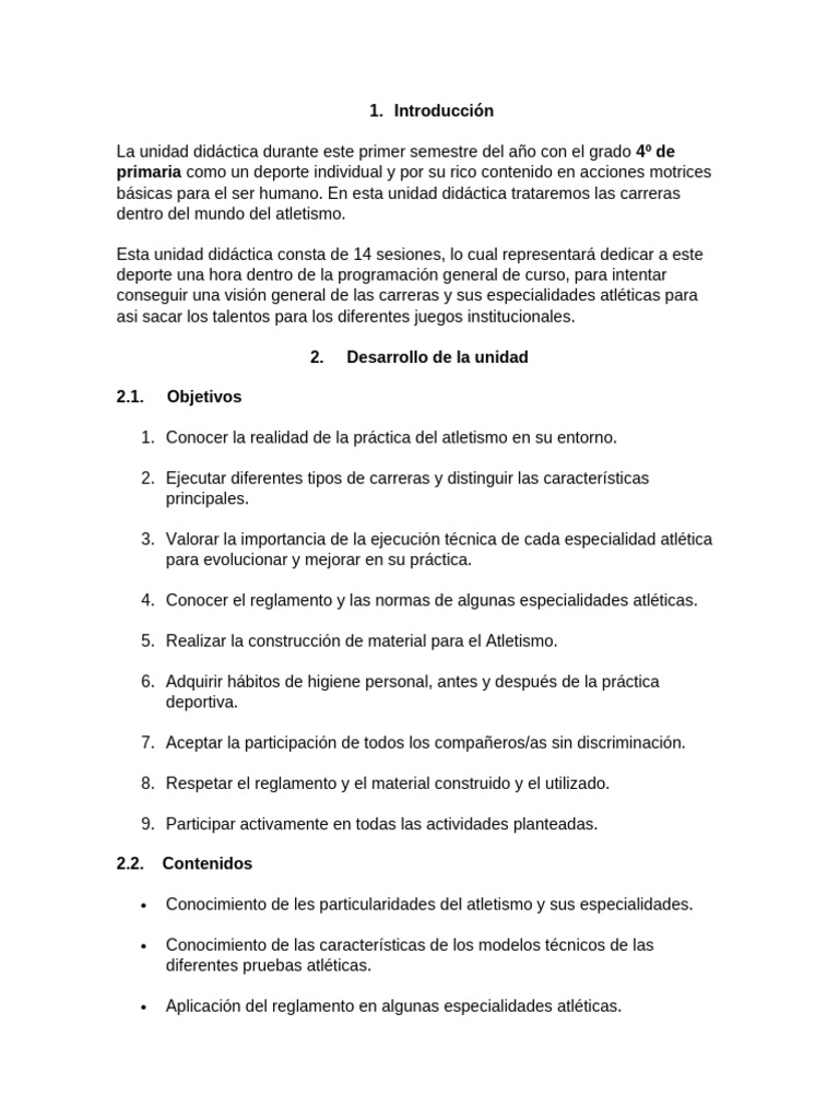 Unidad Didáctica: Introducción al Atletismo | PDF | Deporte del ...