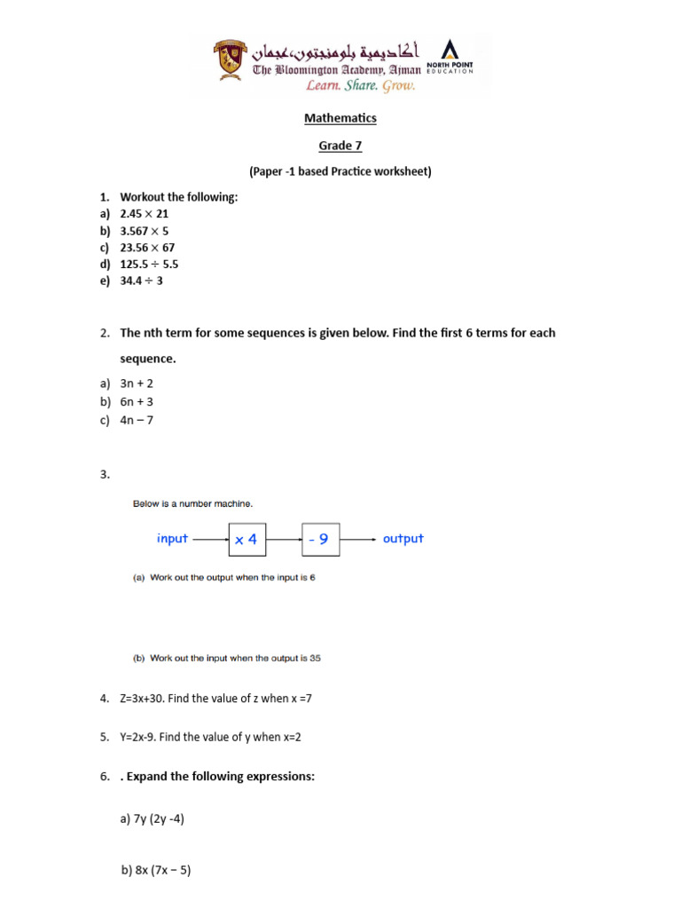 Grade 7 Math Practice Worksheets | PDF