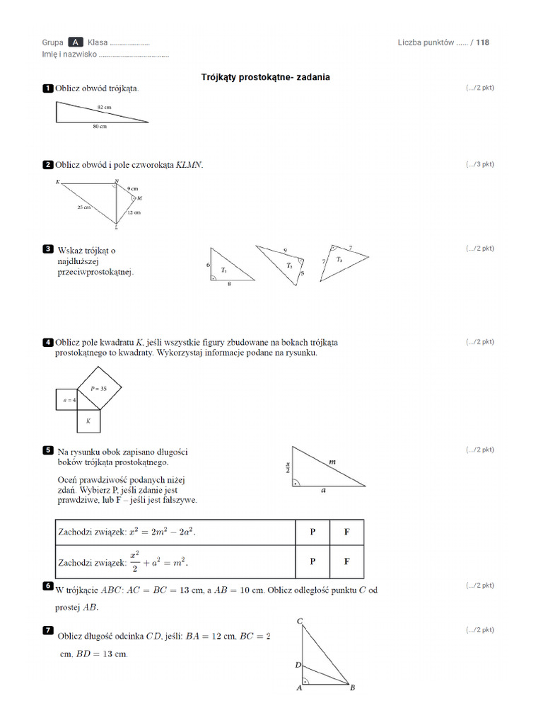 Klasa 8 Trójkąty TW Pitag | PDF