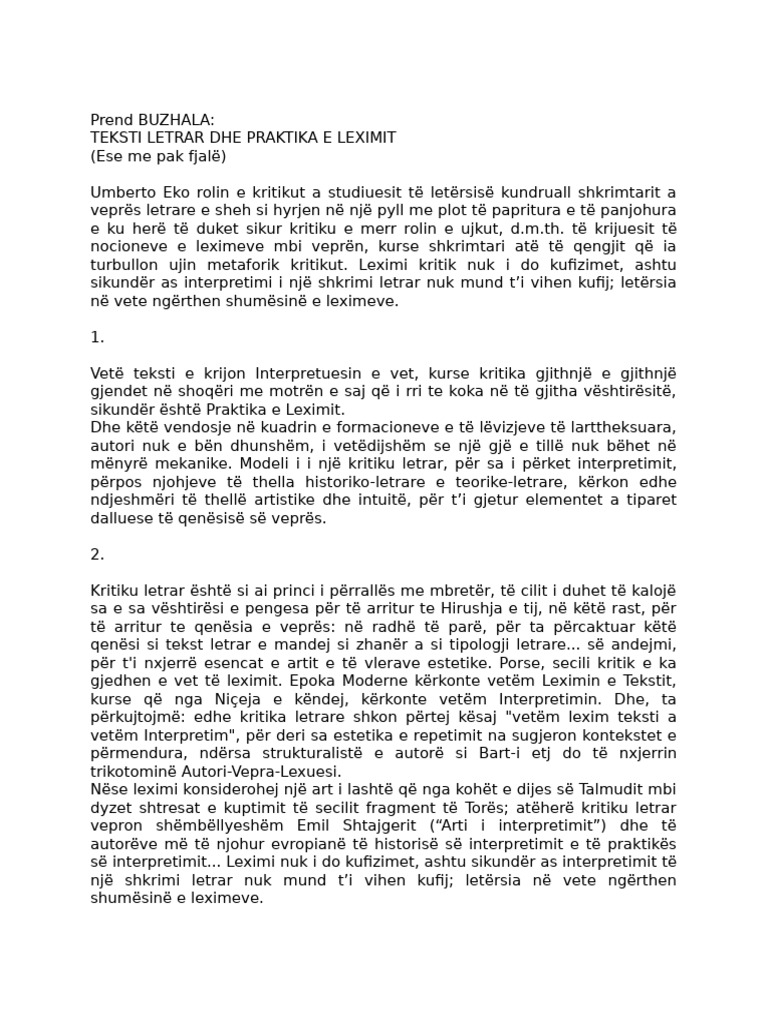 Prend Buzhala, TEKSTI LETRAR DHE PRAKTIKA E LEXIMIT | PDF