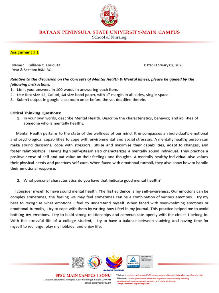Assignment #1 Concepts of Mental Health & Mental Illness | PDF | Mental ...