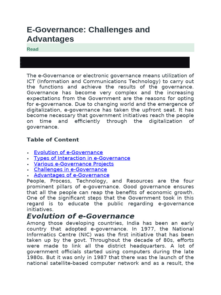 E-Governance: Benefits and Challenges | PDF | Computing