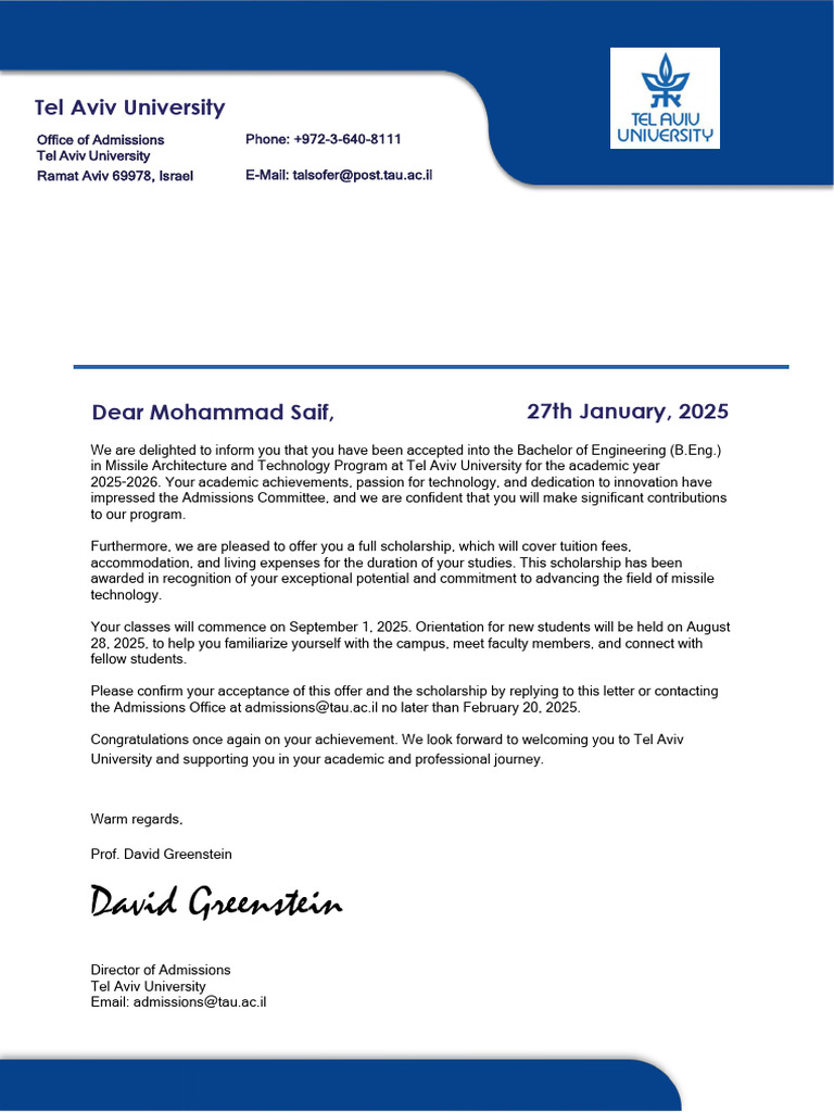 420981248-Tel-Aviv-University-Letter-Acceptance Letter | PDF