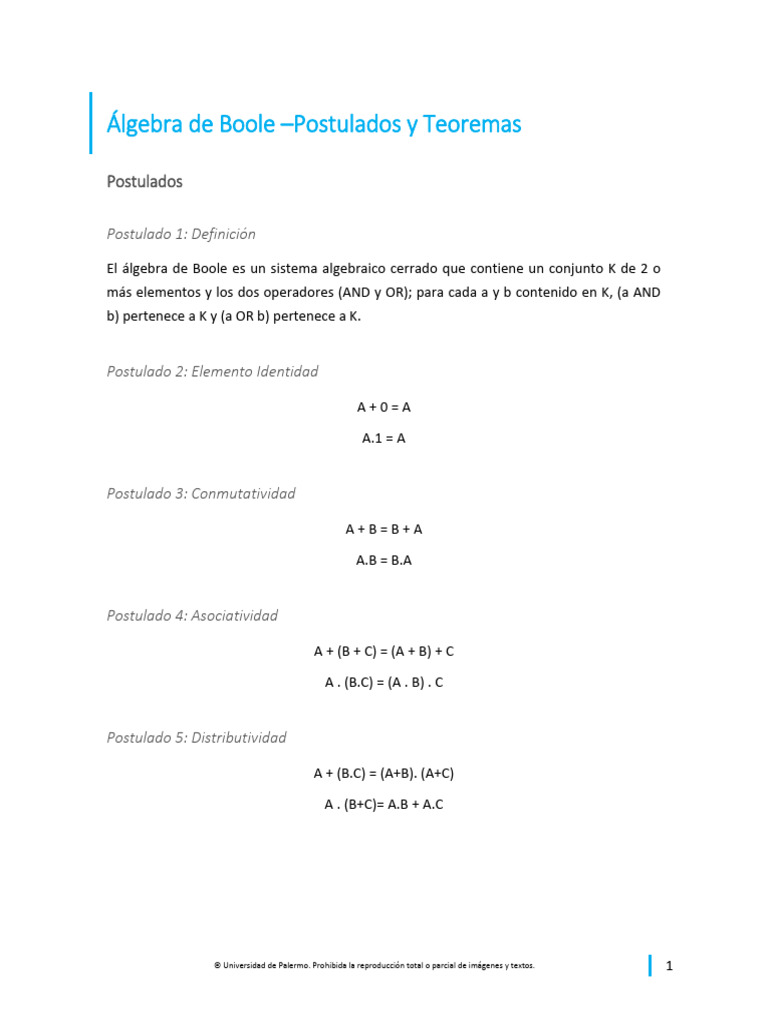 Postulados y Teoremas del Álgebra Booleana | PDF | Álgebra de Boole ...