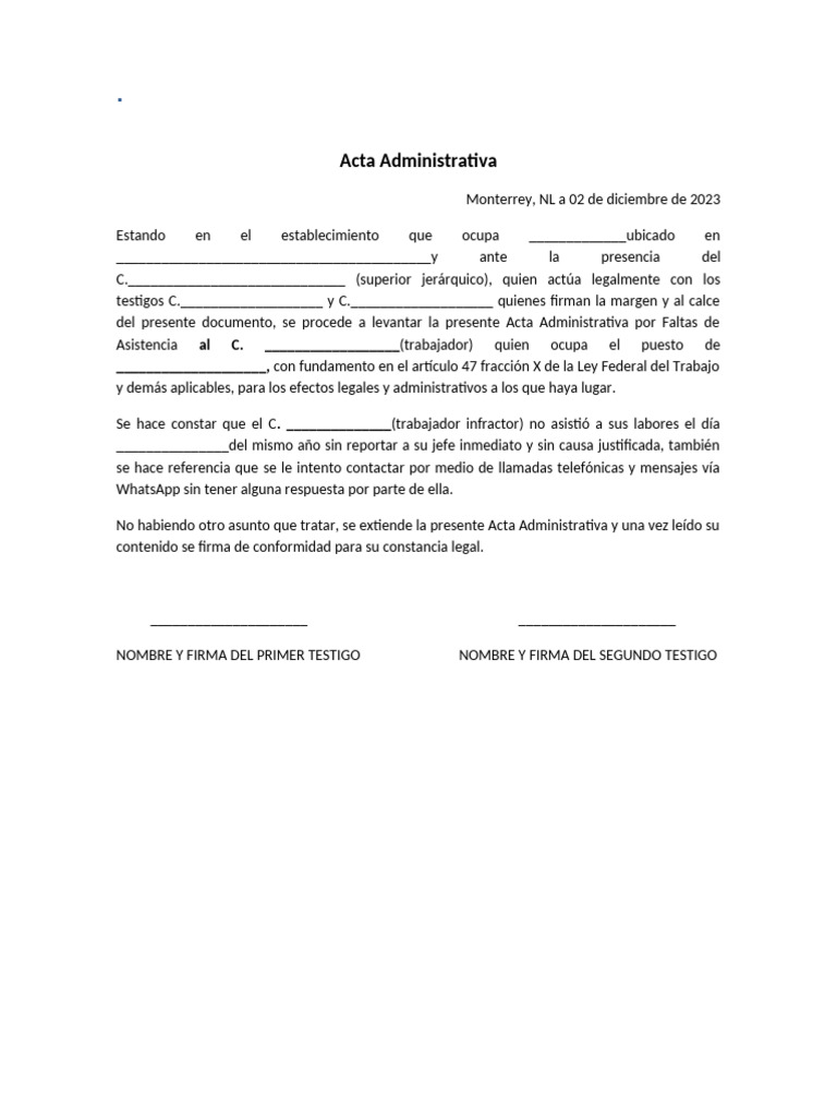 Acta Administrativa por Faltas de Asistencia | PDF