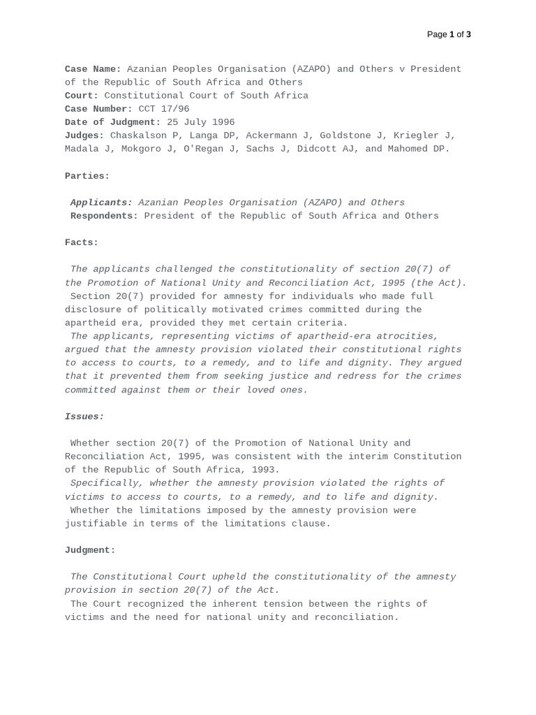 Azapo V President of The RSA Case Note | PDF | Public Law | Government