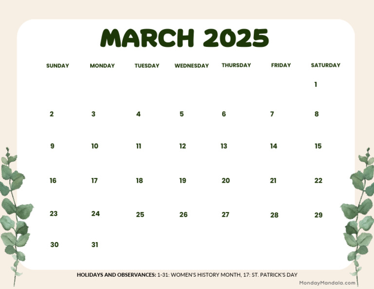 March 2025 Calendar Printable Leaves Landscape v2 | PDF