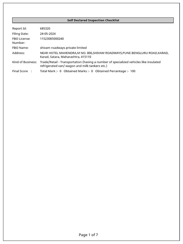 Food Transport Inspection Checklist | PDF | Food Safety | Hygiene