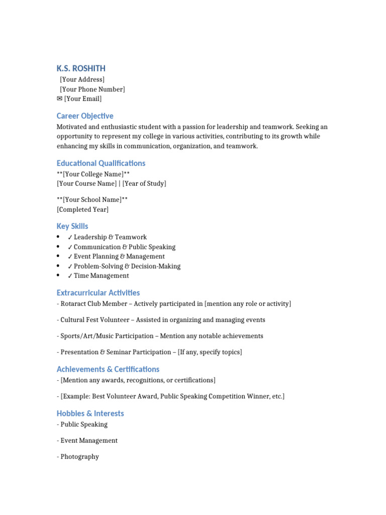 Student Leadership Resume Template | PDF