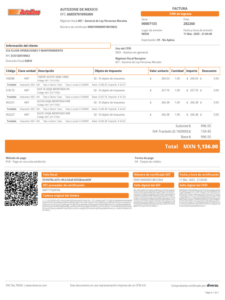 Factura Autozone y Claves SAT | PDF | Pagos