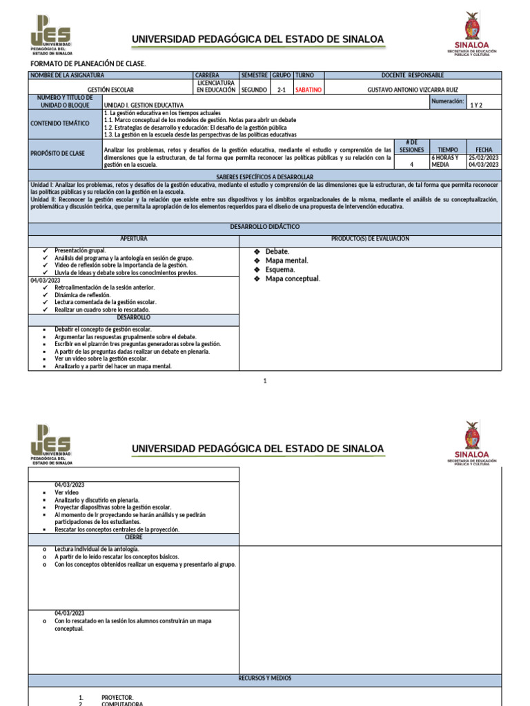 Planeación de Clase: Gestión Escolar | PDF | Plan de estudios | Pedagogía