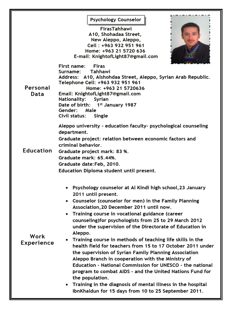 Firas Tahhawi: Psychologist CV & Skills | PDF | School Counselor ...