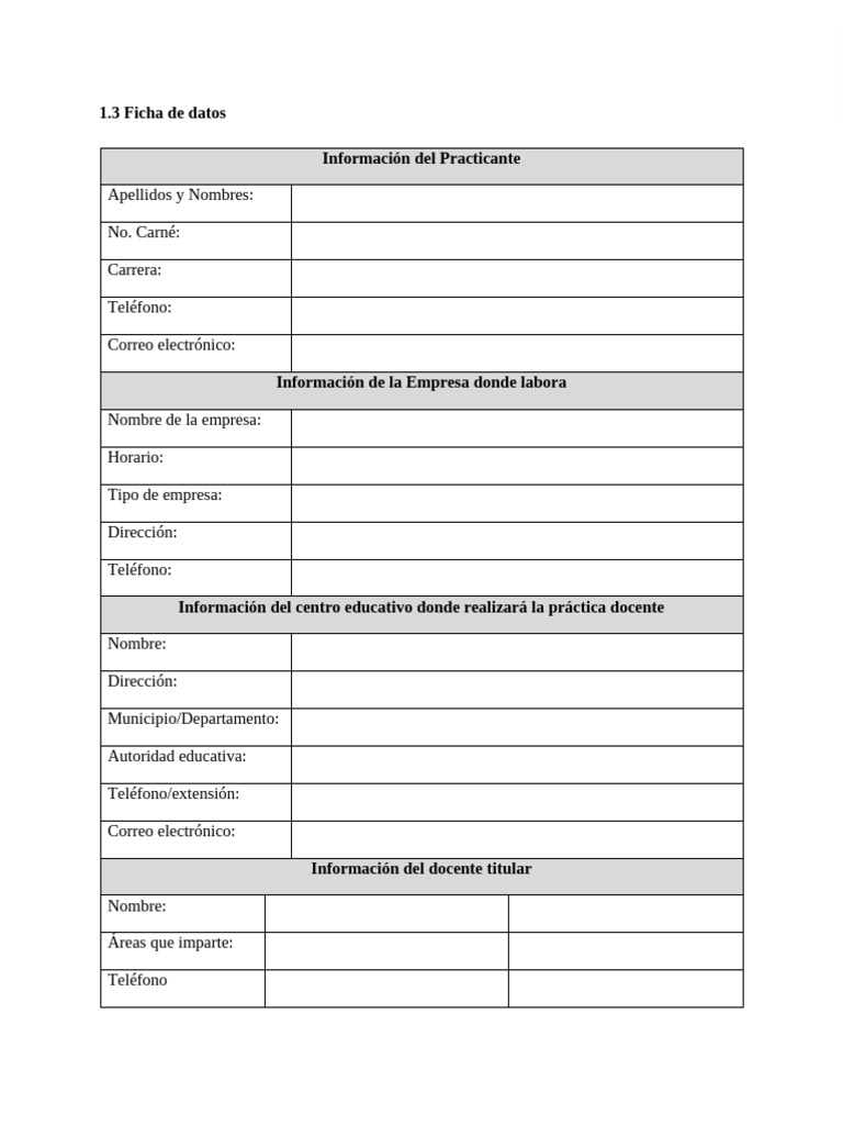 Ficha de Datos para Práctica Docente | PDF