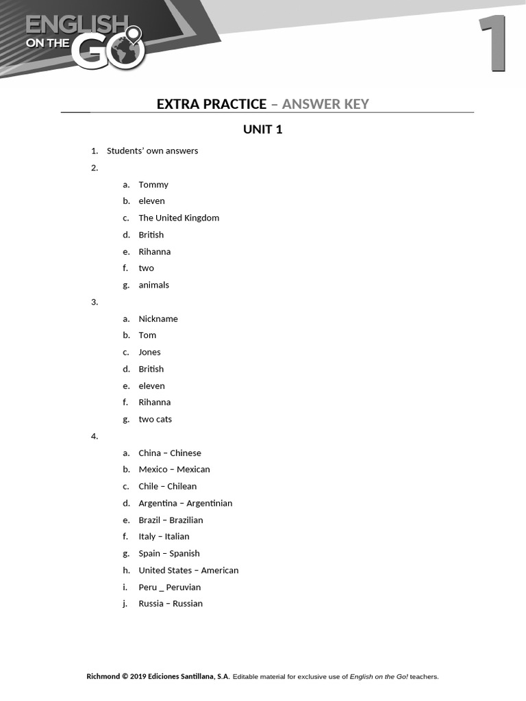 Unit 1 Extra Practice Answer Key | PDF