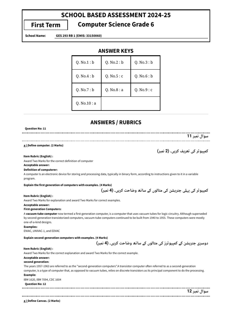 Grade 6 Computer Science Answer Key | PDF | System Software | Computing