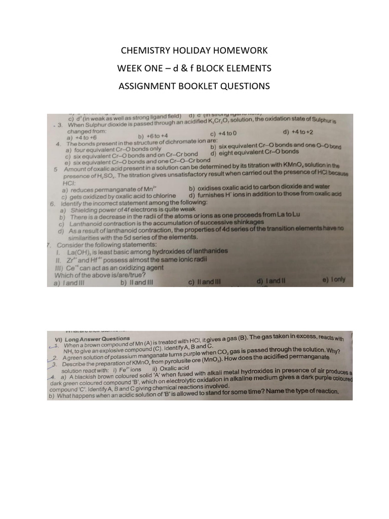 CHEMISTRY HOLIDAY HOMEWORK | PDF