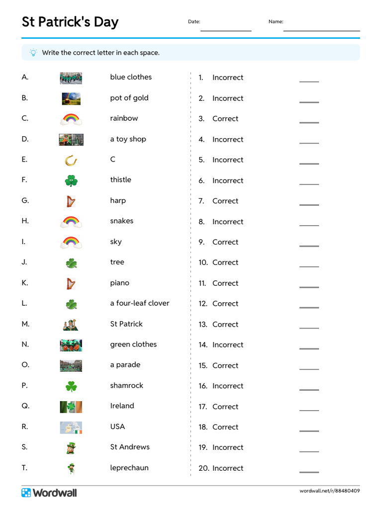 ST Patricks Day Match Up Write The Answer | PDF