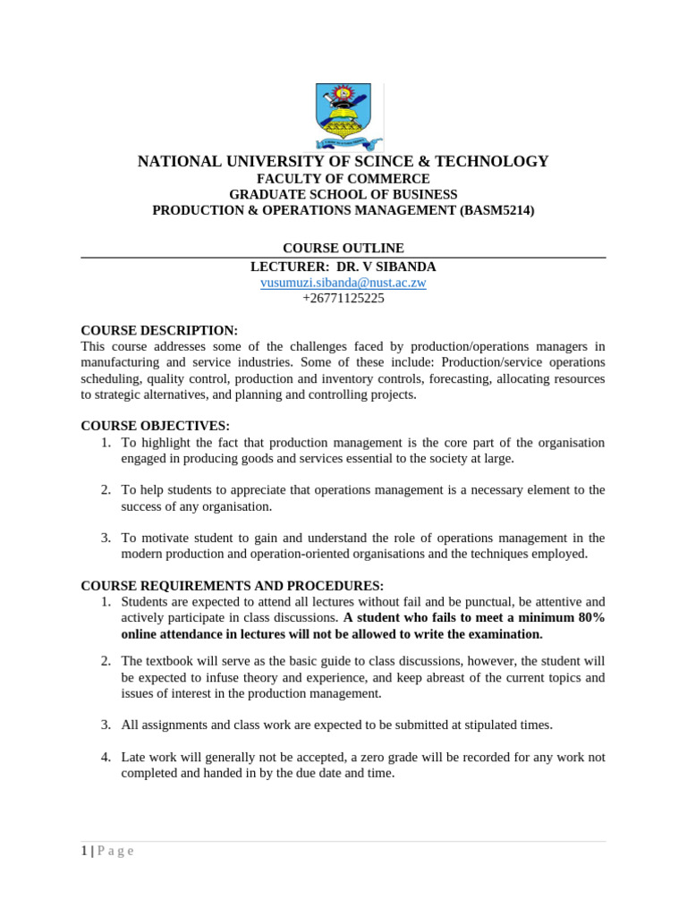 Production & Operations Management - BASM5214 Course Outline - 2022 ...