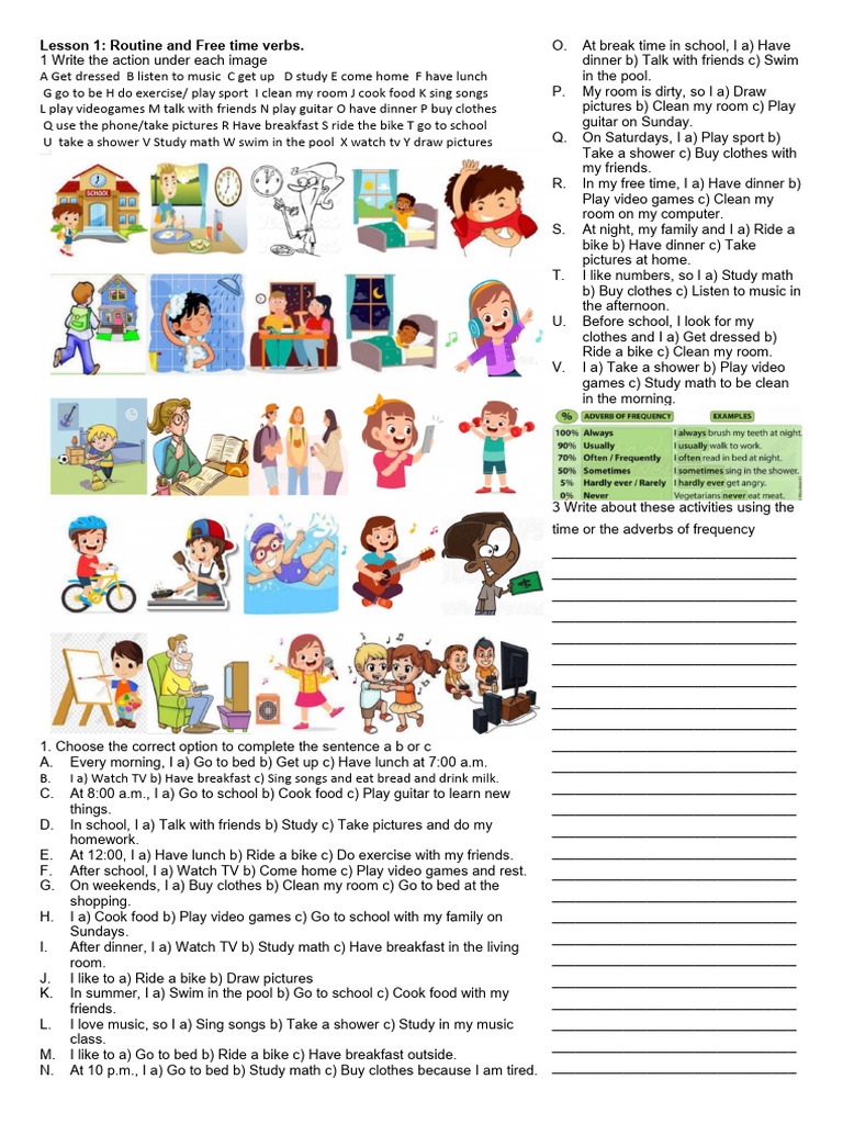 Routine and Free Time Verbs Lesson | PDF | Swimming