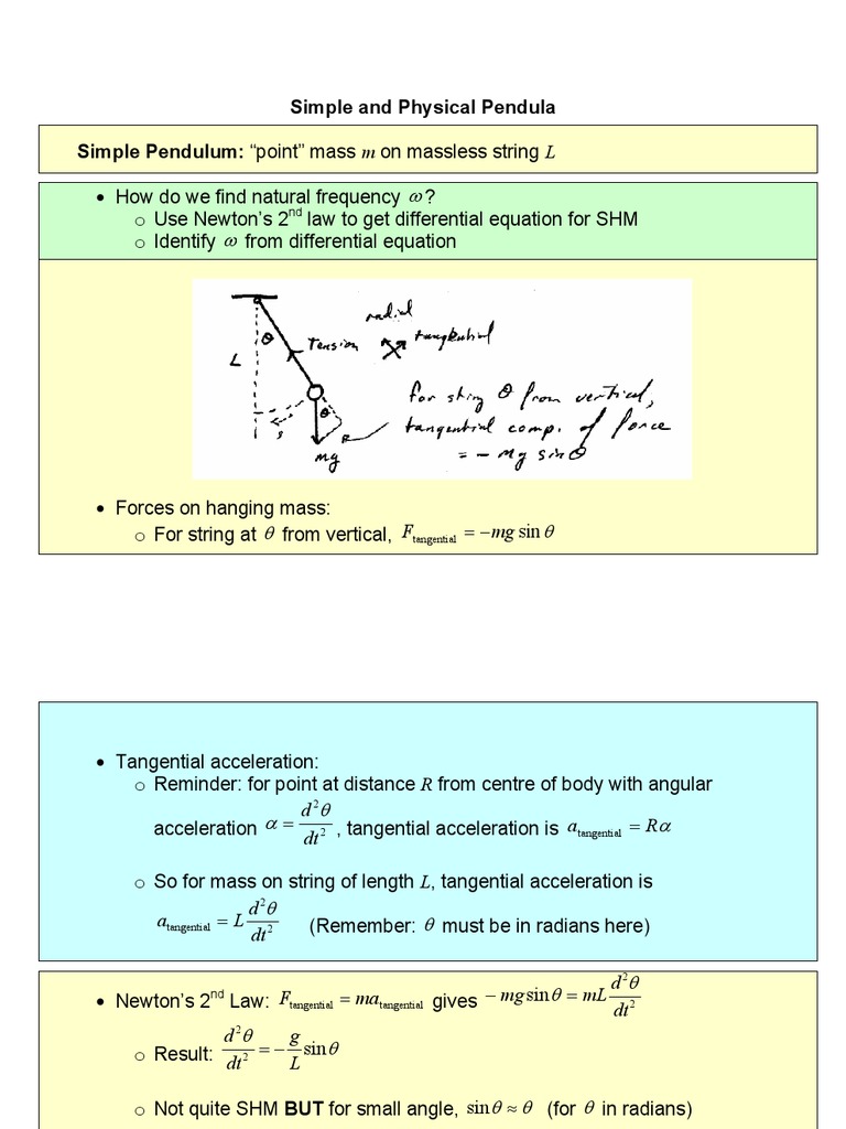 Simple and Physical Pendula Simple Pendulum: 