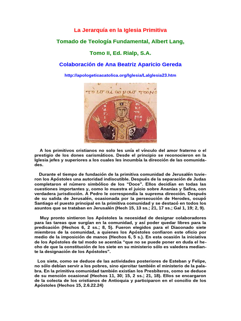 Jerarquía en la Iglesia Primitiva | PDF | Iglesia Católica | obispo