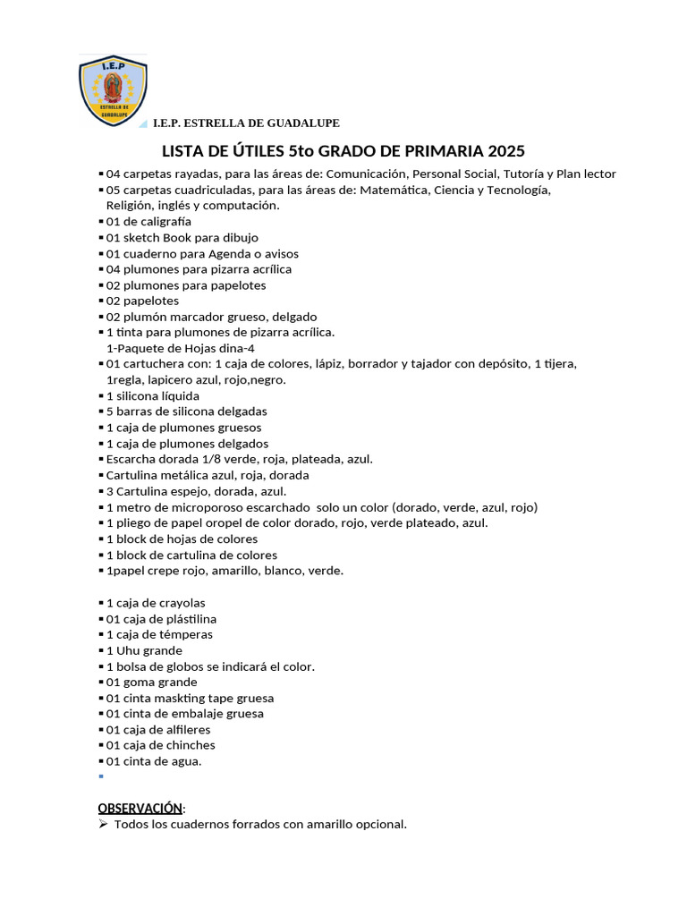 Lista de útiles 5to grado 2025 | PDF