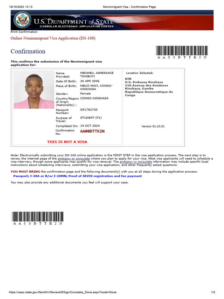DS-160 Visa Application Confirmation | PDF | Travel Visa | Fingerprint