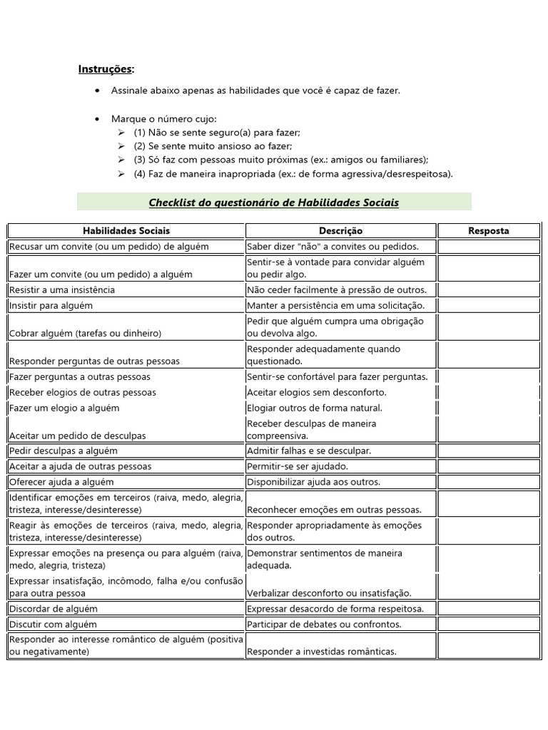 Checklist de Habilidades Sociais e Não Verbais | PDF | Empatia ...