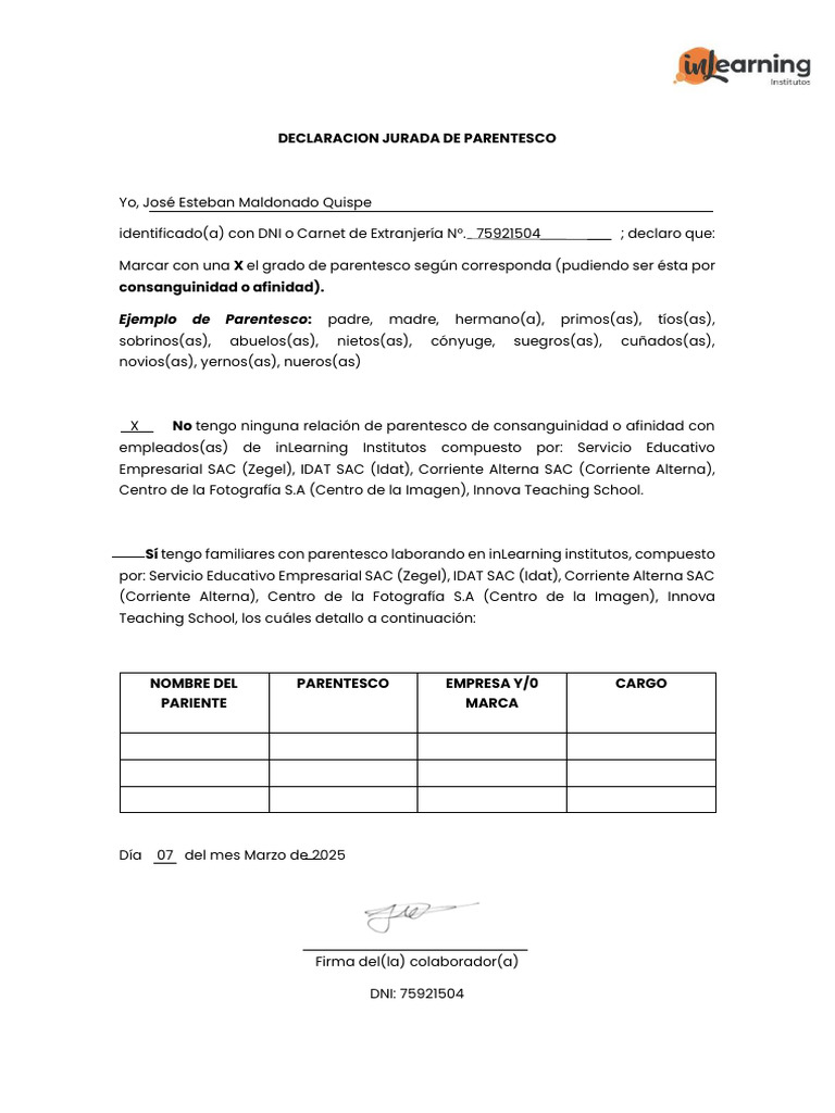 Declaración Jurada de Parentesco Laboral | PDF