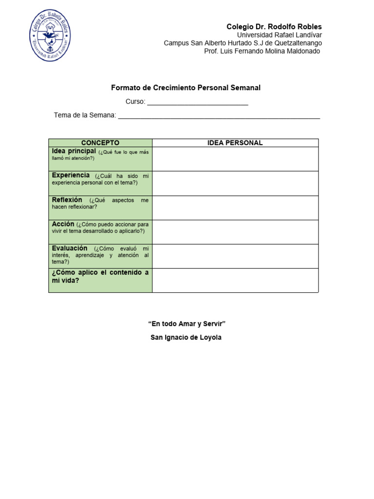 Formato de Crecimiento Personal Semanal | PDF