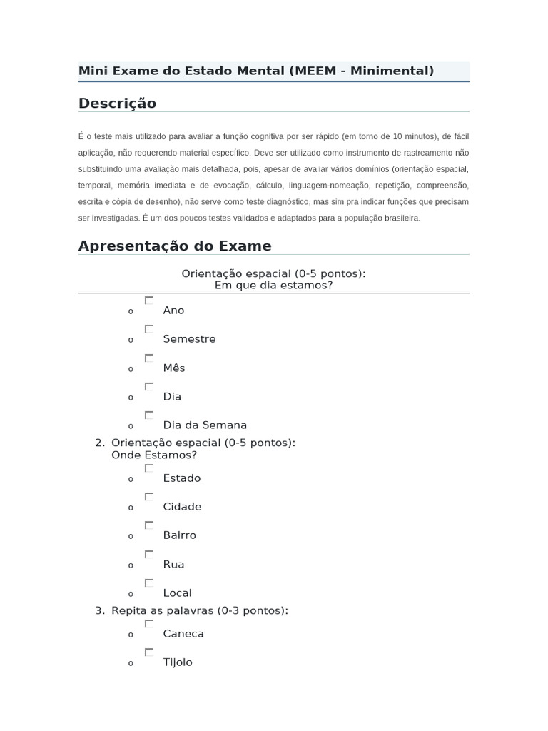 Mini Exame do Estado Mental (MEEM) | PDF
