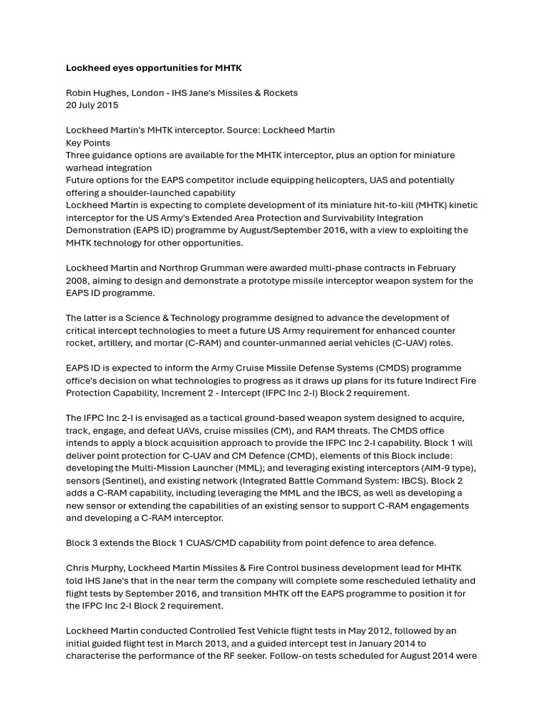 Lockheed's MHTK Missile Development Update | PDF | Anti Ballistic ...