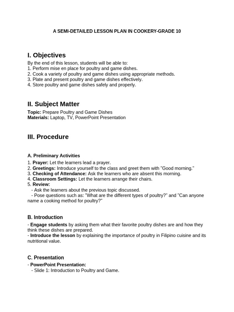 Grade 10 Poultry Cookery Lesson Plan | PDF | Cooking | Food And Drink ...