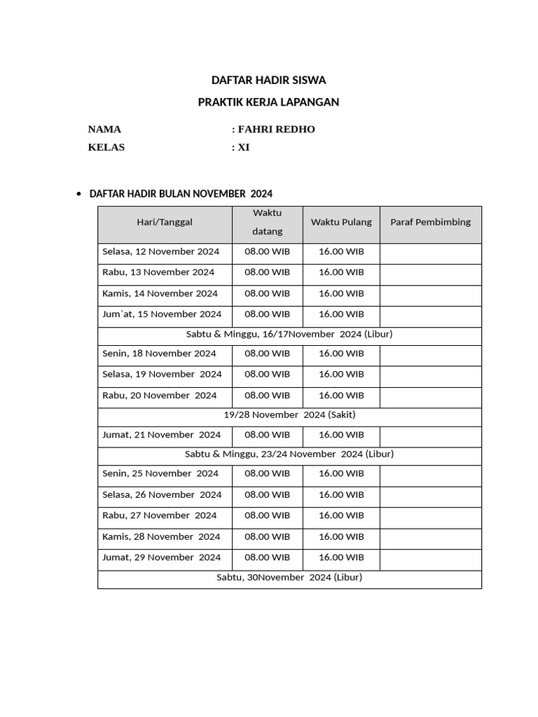 Daftar Hadir Praktik Kerja Siswa XI | PDF