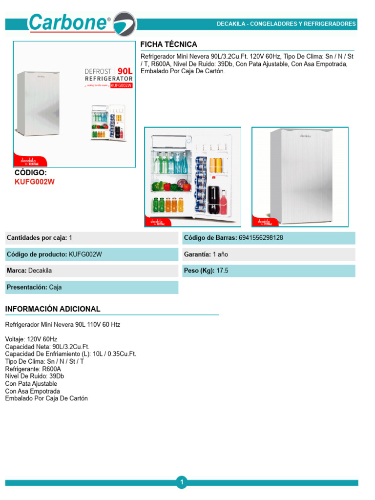 Mini Nevera Decakila 90L 120V 39Db | PDF