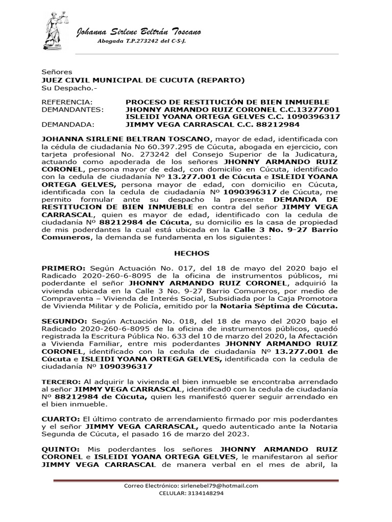 Demanda de Restitución de Inmueble Cúcuta | PDF