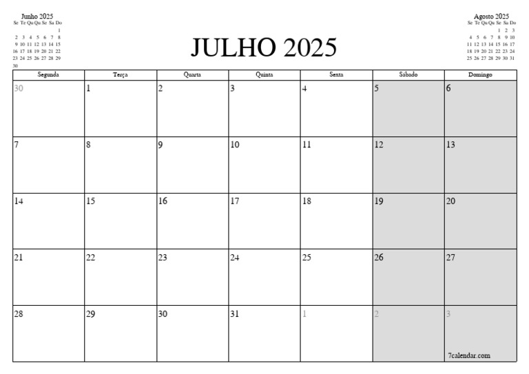 Calendário de Julho a Agosto 2025 | PDF