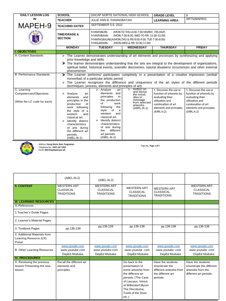 MAPEH 9 Daily Lesson Plan: Arts | PDF | Learning | Teachers