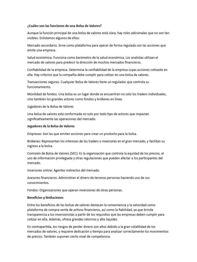 Funciones y Beneficios de la Bolsa de Valores | PDF | Bolsa | Mercado ...