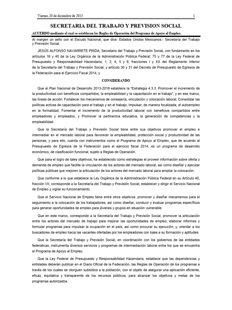 Reglas del Programa de Apoyo al Empleo | PDF | Empleo | Presupuesto