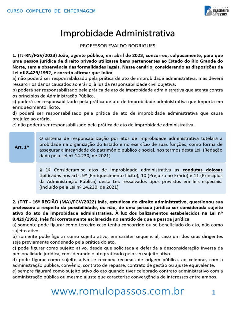 Improbidade Administrativa: Lei 8.429/1992 | PDF | Administração ...
