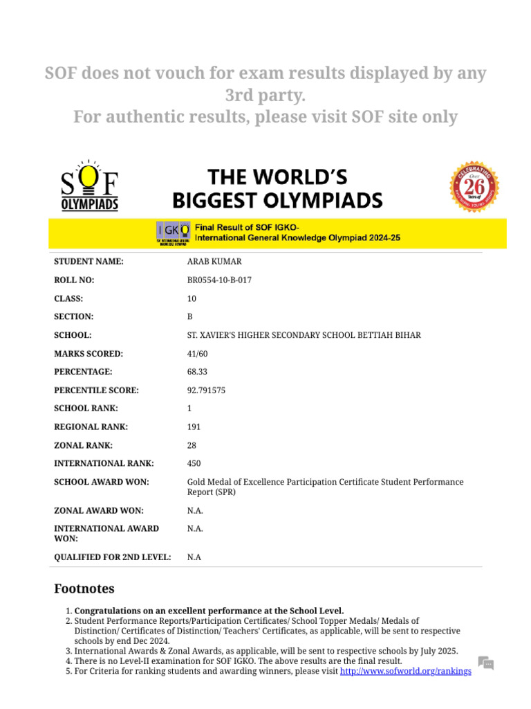 Result - GK Olympiad Foundation 017 | PDF