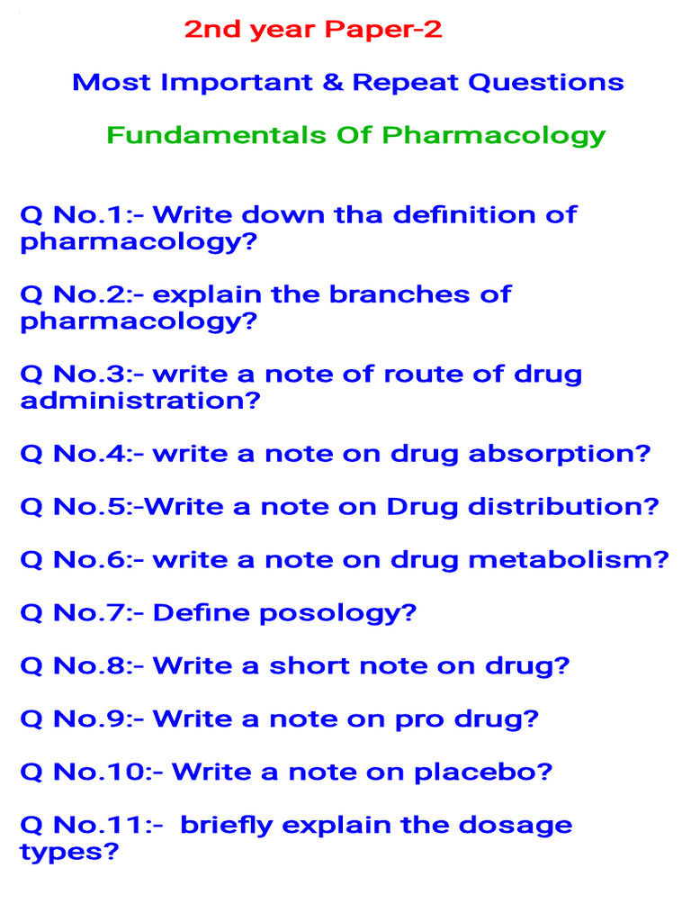 2nd Year Paper-02 Most Important Questions by ZeeShan Pharmacy | PDF ...