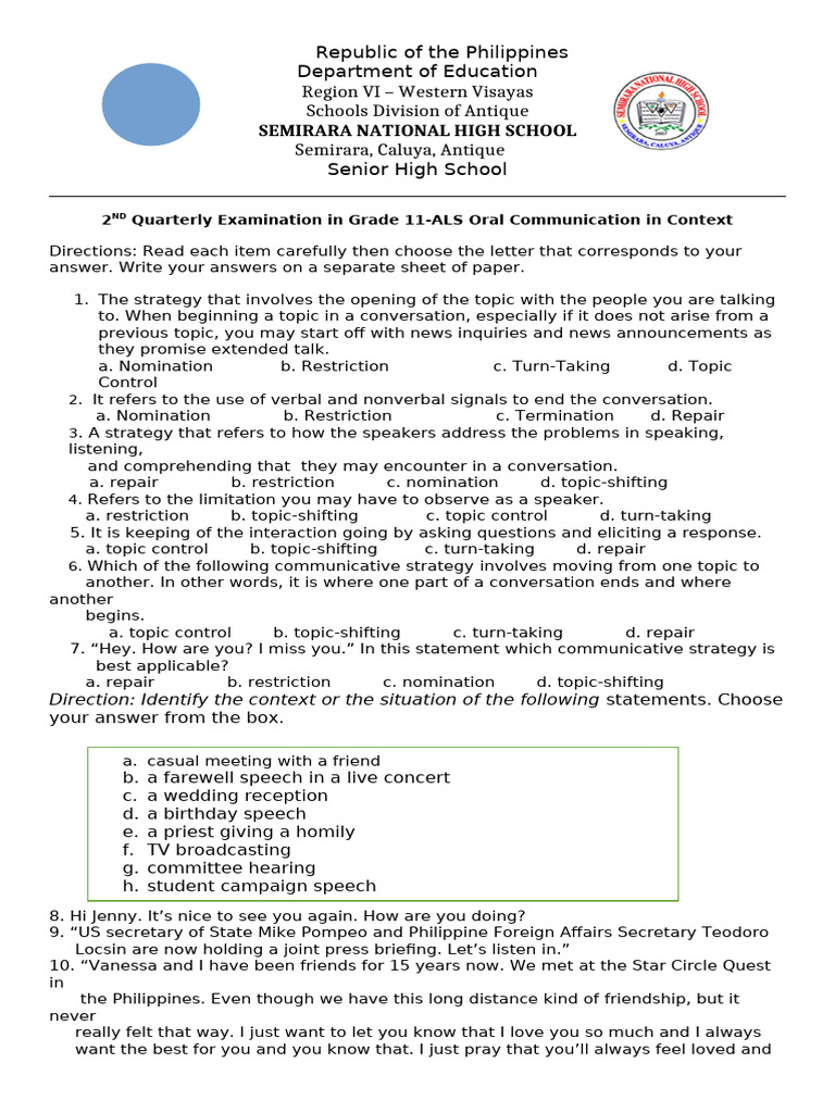Final Exam 2ND Quarter New | PDF | Speech | Conversation