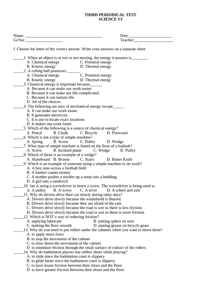 Science VI Periodical Test on Energy | PDF | Friction | Force