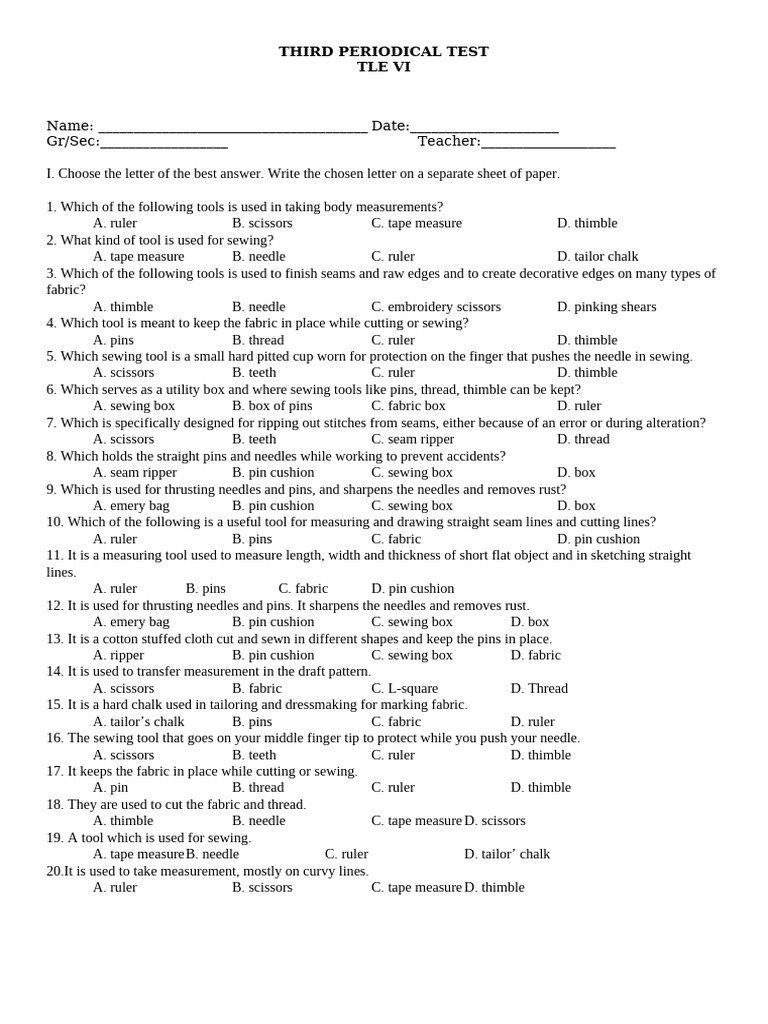 Third Periodical Test Tle | PDF | Sewing | Seam (Sewing)