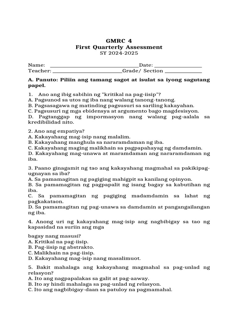 GMRC 4 Q1 Assessment | PDF
