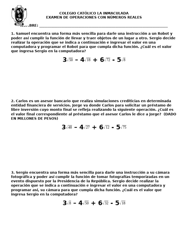 Examen De Operaciones Con Radicales Pdf