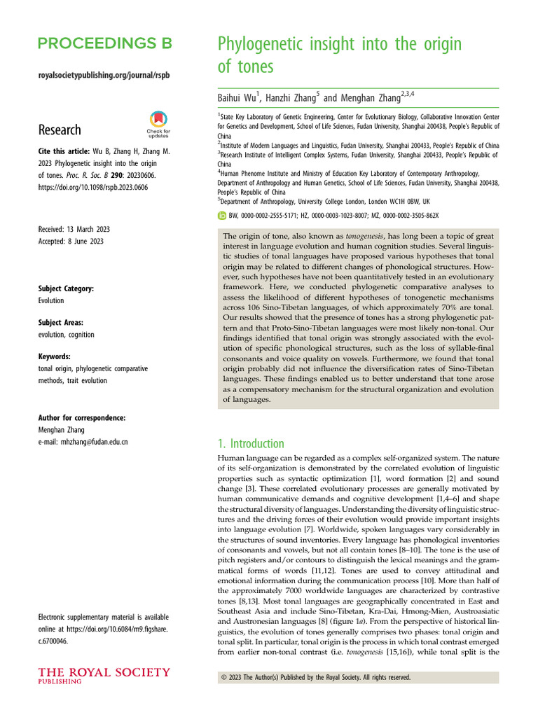 Wu Et Al 2023 Phylogenetic Insight Into The Origin of Tones | PDF ...
